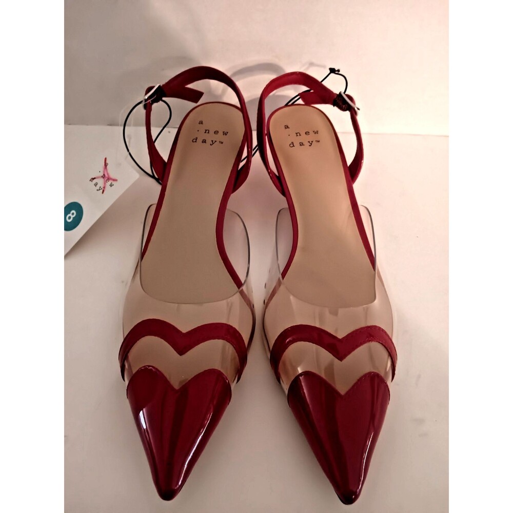 A New Day  Eleanor Heart Sz 8 Kitten Heels Clear Slingback Red NWT